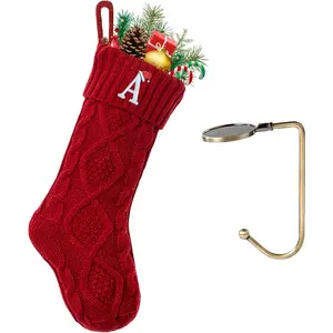 Christmas Stockings with Initials, Letter A Embroidered Xmas Stockings, 18" Large Monogram Knitted Xmas Stocking, Christmas Party Fireplace Family Hanging Stocking Decorations(1 Pack, Red)