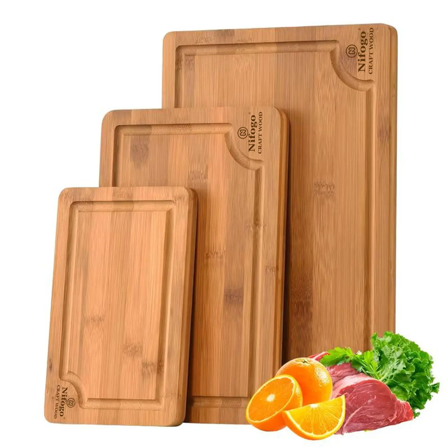 Nifogo Thick Bamboo Cutting Board 3Pcs 5Pcs Kitchen Chopping Board Deep Juice Groove Double Sided Use Non Slip Antibacterial Wear Resistant Heavy Duty Food Prep Board Household Cooking Cutting Mat
