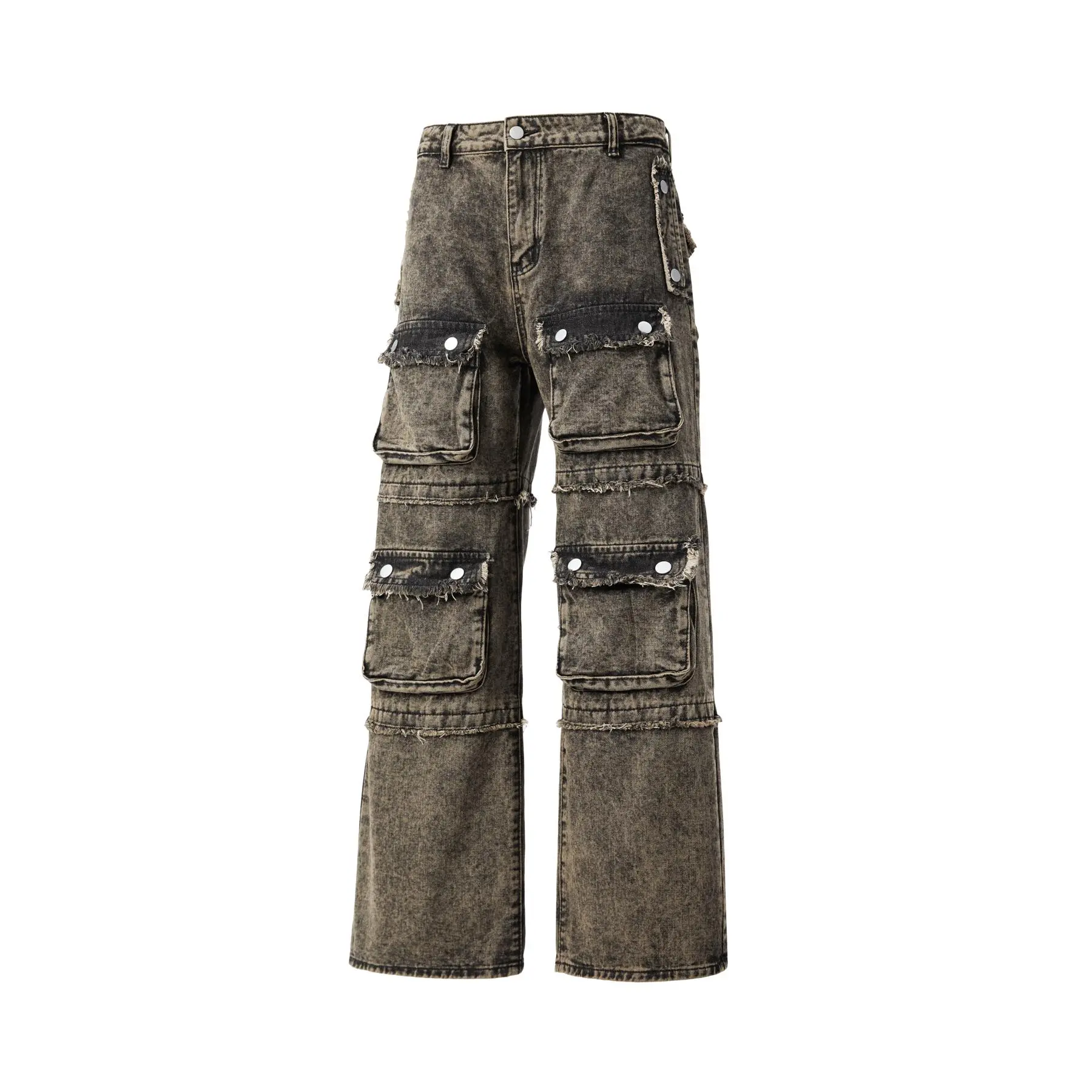 Vintage Washed Multi Pocket Cargo Jeans Raw Edge Frayed Baggy Wide Leg Denim Pants Y2K Streetwear High Rise Utility Jeans For Men Women