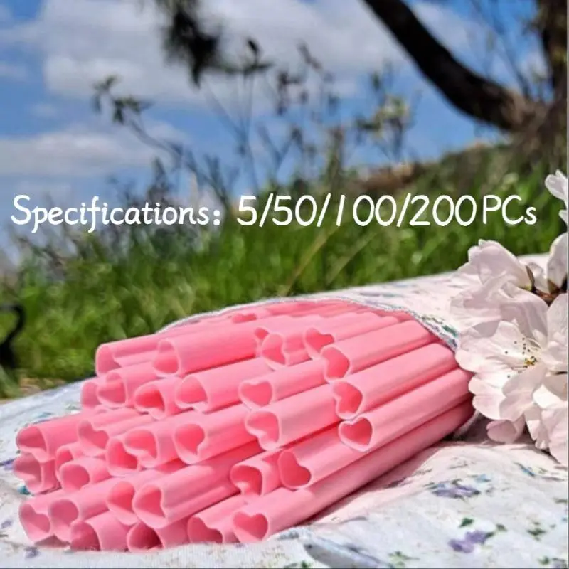 Heart-Shaped Reusable Plastic Drinking Straws Utensils, 5/50/100/200 Pieces, Ideal for Valentine's Day, Wedding Parties, Casual Use, Cute Straws