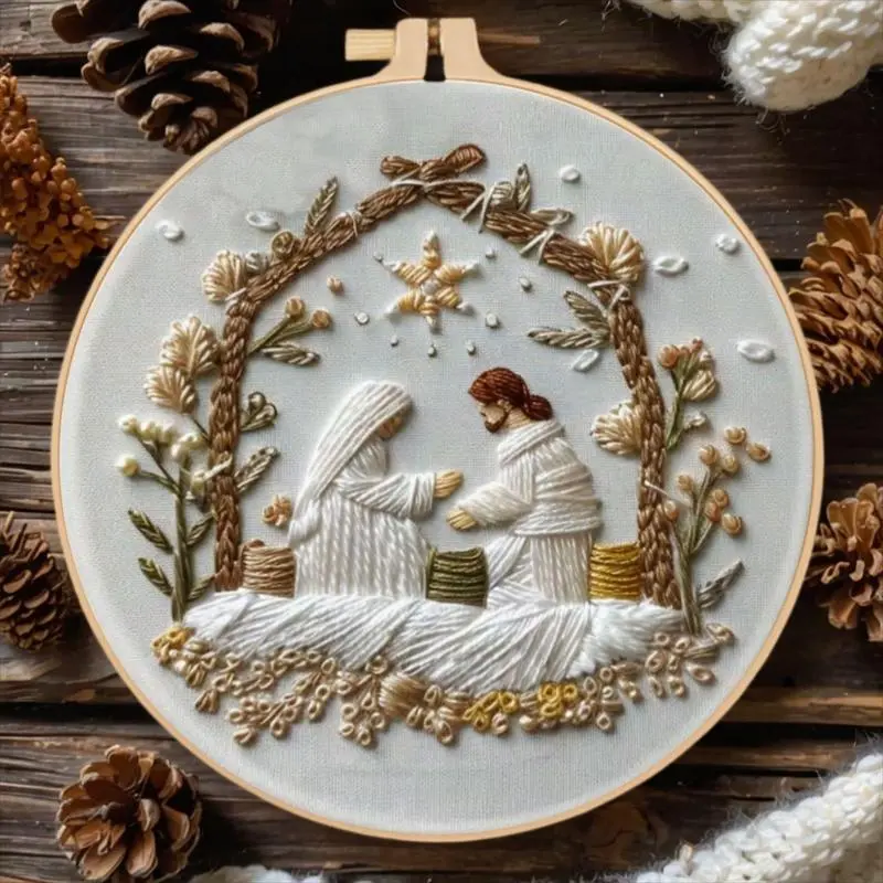 Handmade Embroidery Kit for Beginners, DIY Christmas Nativity Scene Design, Mixed Textile Holiday Craft Set with Hoop and English Guide, Diy Kits, Embroidering Design, Holiday Art, Unisex, Fabric, Making Kit