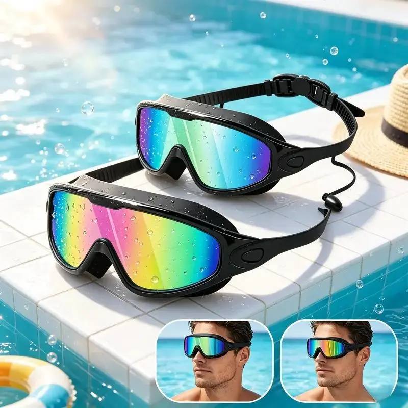 Unisex 2-Pack Leakproof Anti-Fog Swim Goggles for Adults - Wide Frame, Adjustable, 180° Panoramic Wide View, UV Protection, Full Coverage Swimming Glasses Set with Earplugs, Nose Clip, Full Coverage Swimming Goggles, Silicone