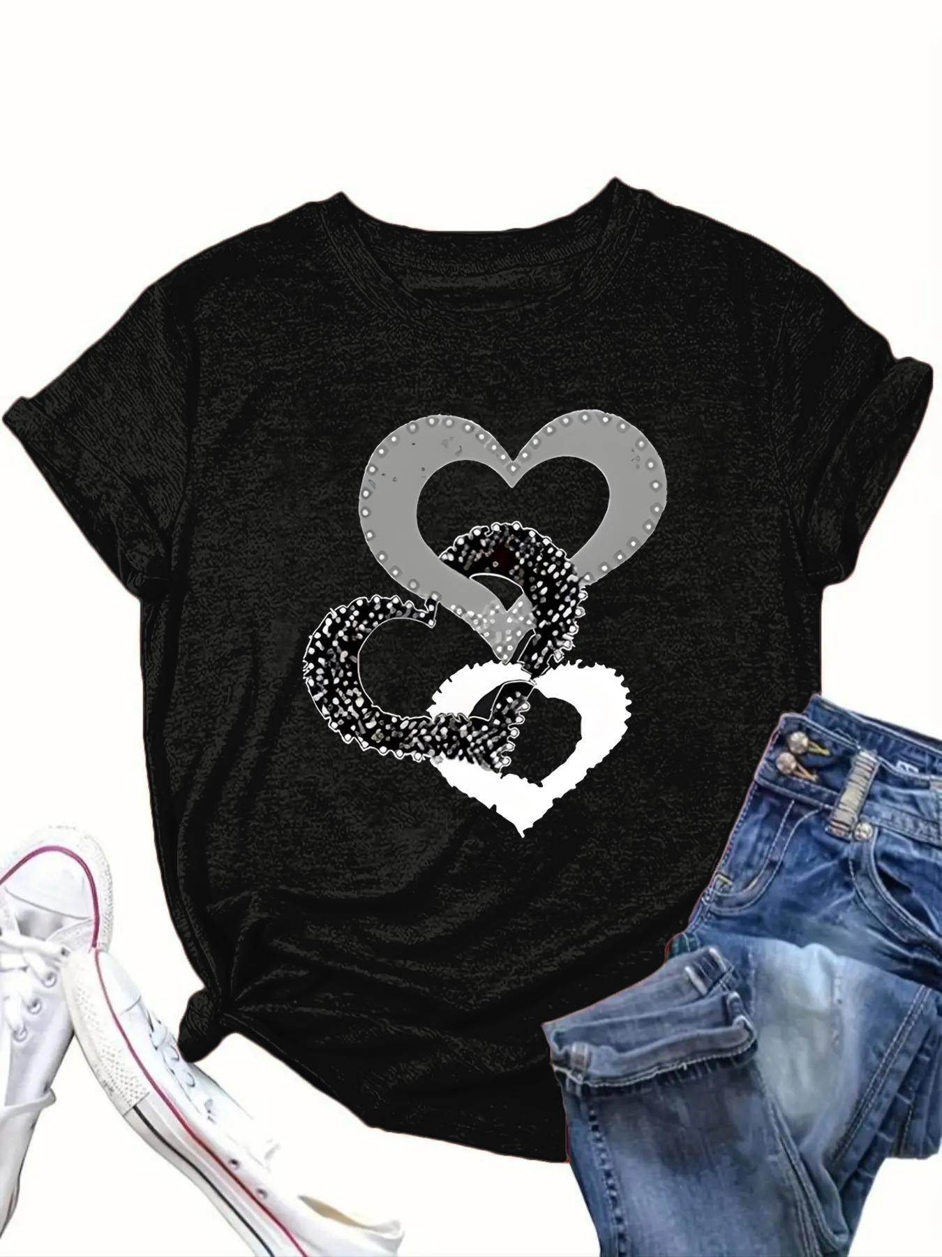 【Plus Size】 Heart Print Round Neck Knit Tee, Casual Short Sleeve Crew Neck T-shirt for Daily Wear, Women Clothing for All Seasons
