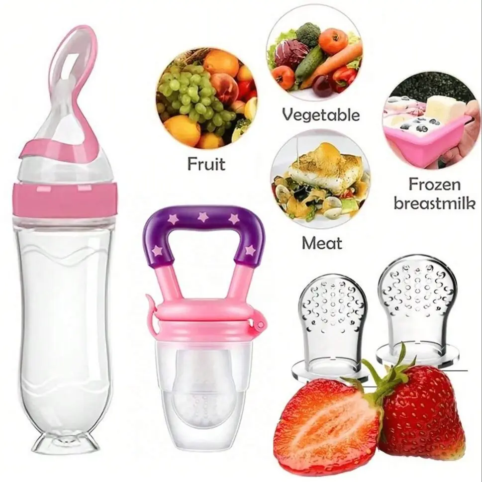 Baby Feeding Set, 4-Piece Baby Bottle Kit with Suction Base Rice Cereal Bottle, Vegetable & Fruit Teether, Two Mesh Bags (s M L), Silicone Feeding Set, Feeding Accessories