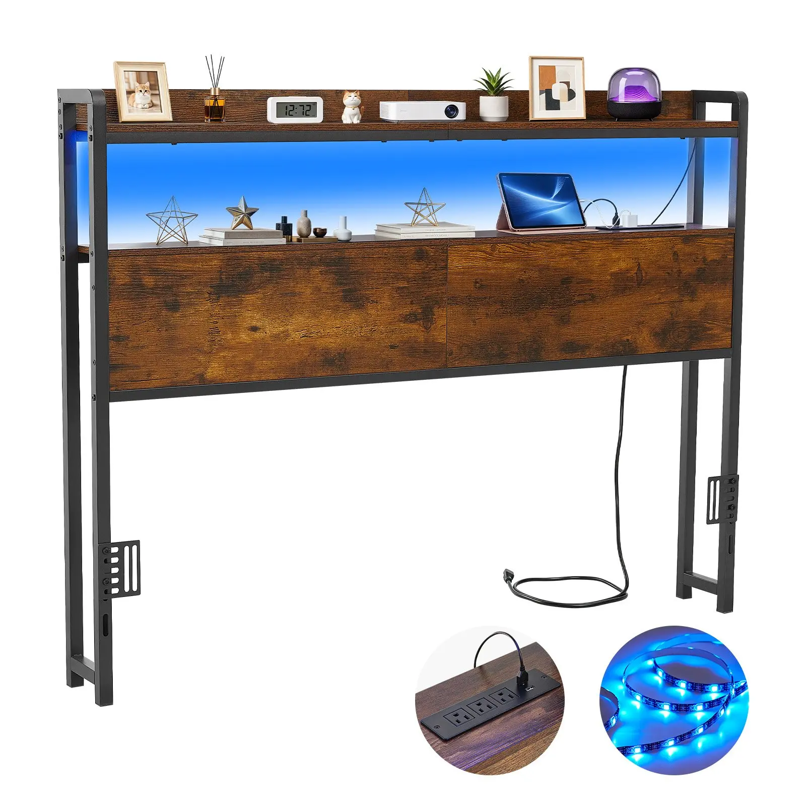 【Summerfinds】VEVOR Full Size Carbon Steel Bed Headboard - LED Lights, 2 Storage Shelves, 3 Outlets, 3 USB Ports, Sturdy Frame, Easy Assembly, Adjustable Height Charging Station Headboard