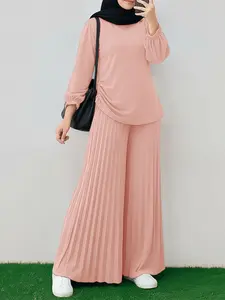 Women's Round Neck Long Sleeve Lantern Sleeve Top + Wide Leg Pants Set, Solid Color Two-Piece, Casual Spring & Fall Fashion