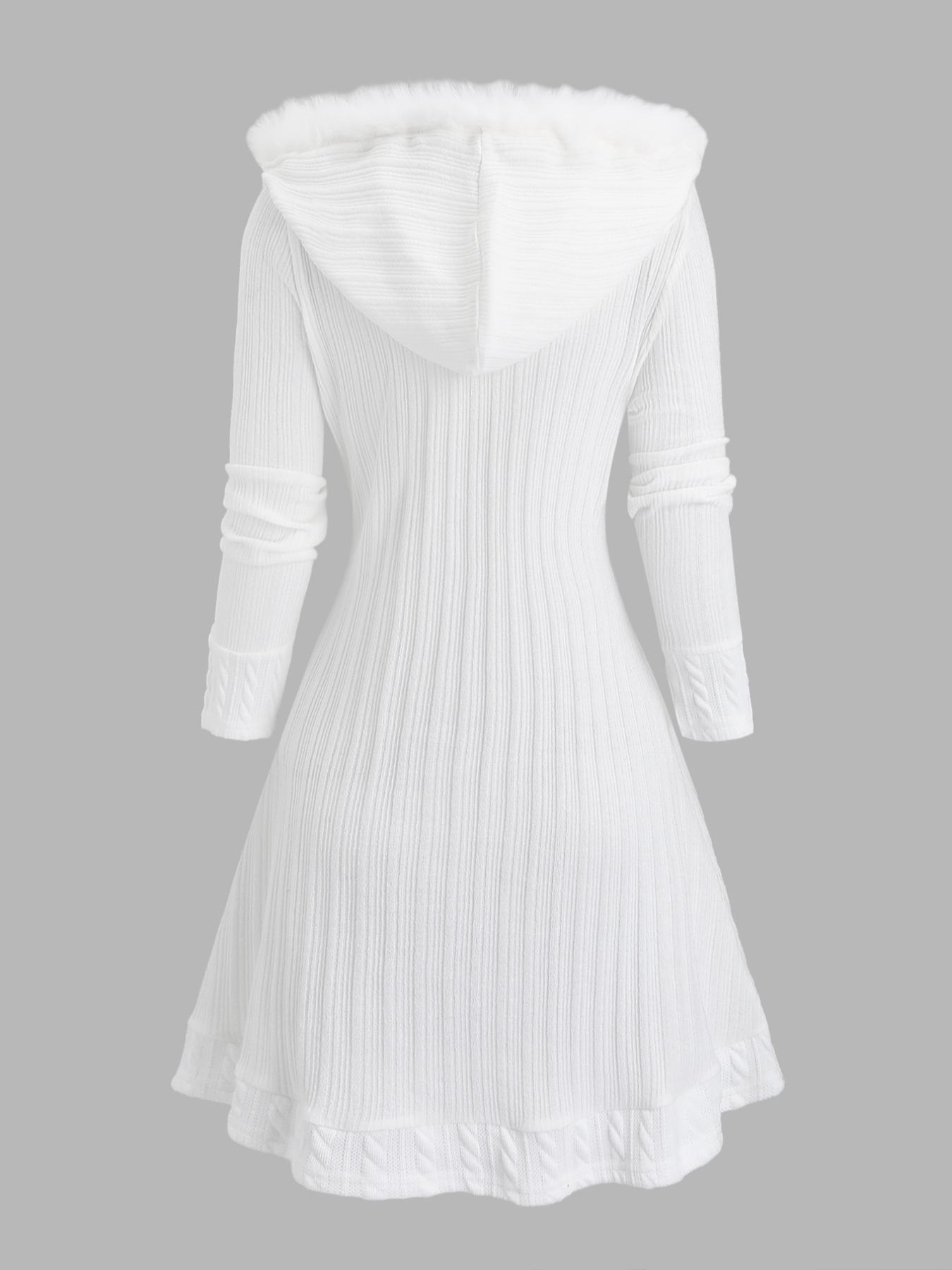 Women's Solid Color Fuzzy Trim Hooded Long Knitted Coat, Casual Long Sleeve Button Front Knitwear Outerwear for Fall & Winter, Ladies Clothes for Daily Wear