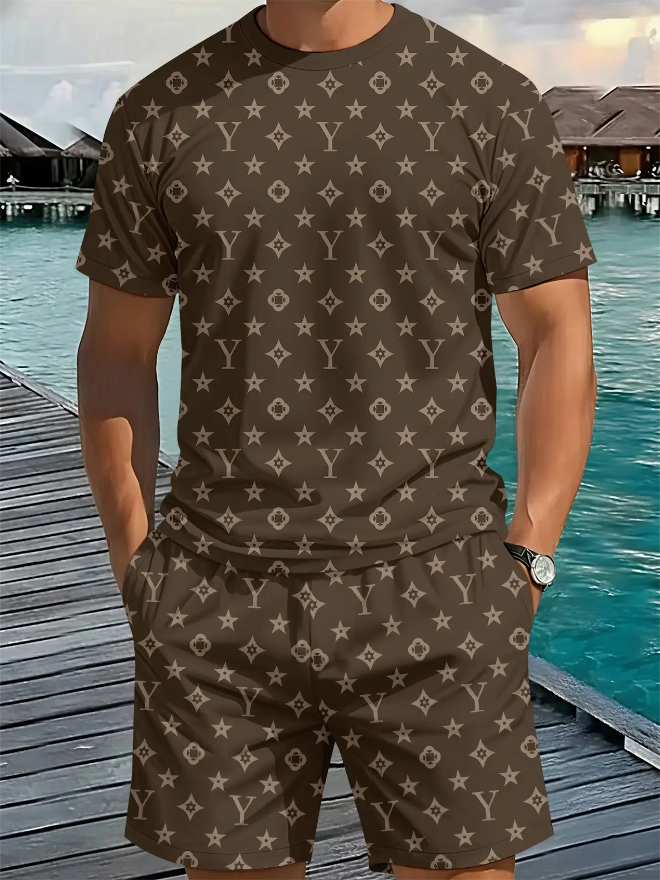 Men's 2-Piece Set 3D Digital Print Casual Short Sleeve Tee and Shorts, Luxury Floral Pattern, Slim Fit, All Seasons
