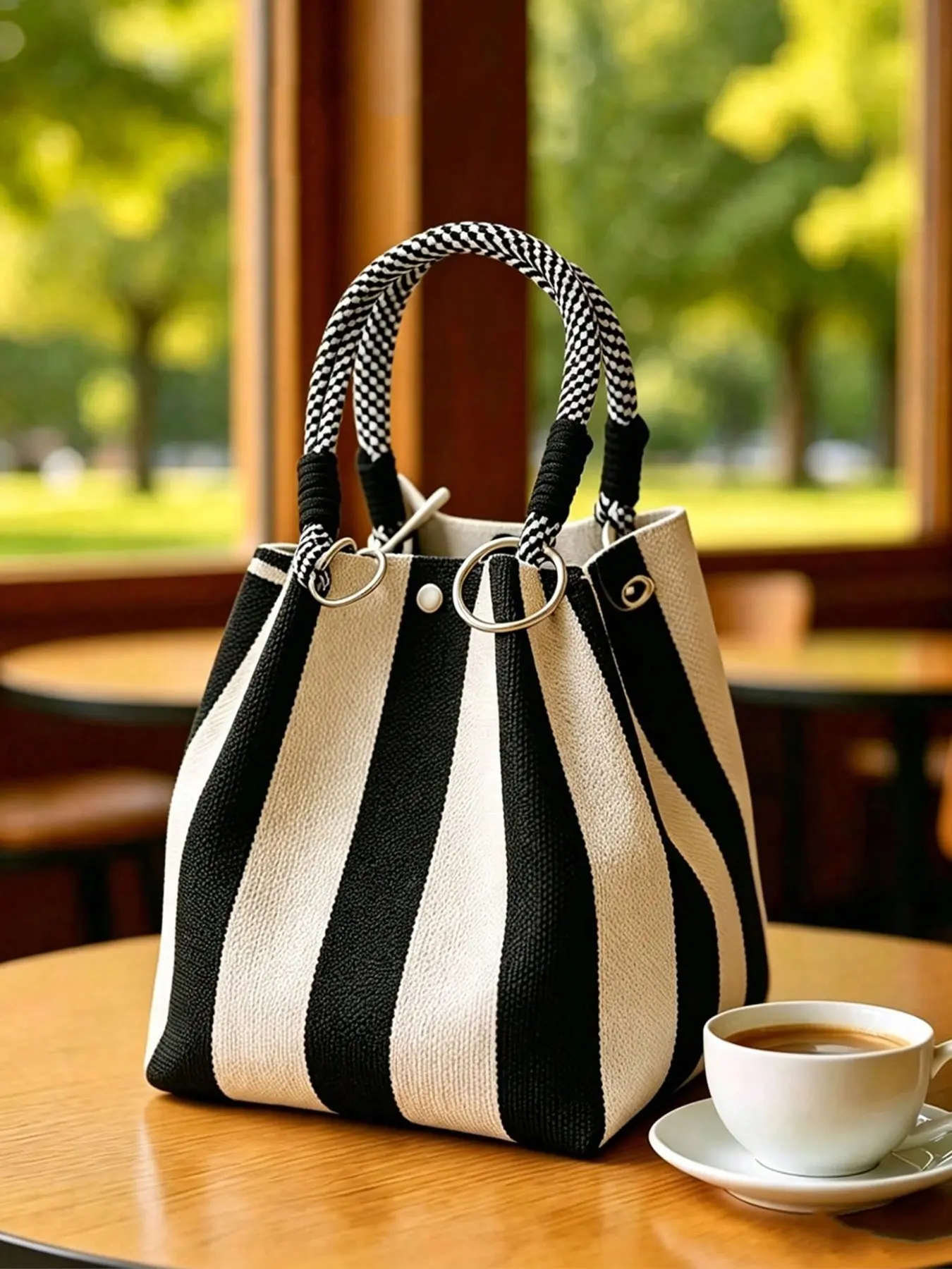 Simple and high-end casual versatile retro striped all seasons handbag, relaxed and fashionable practical texture bucket bag, lightweight and easy to carry, suitable for commuting to work, shopping in the mall, dating