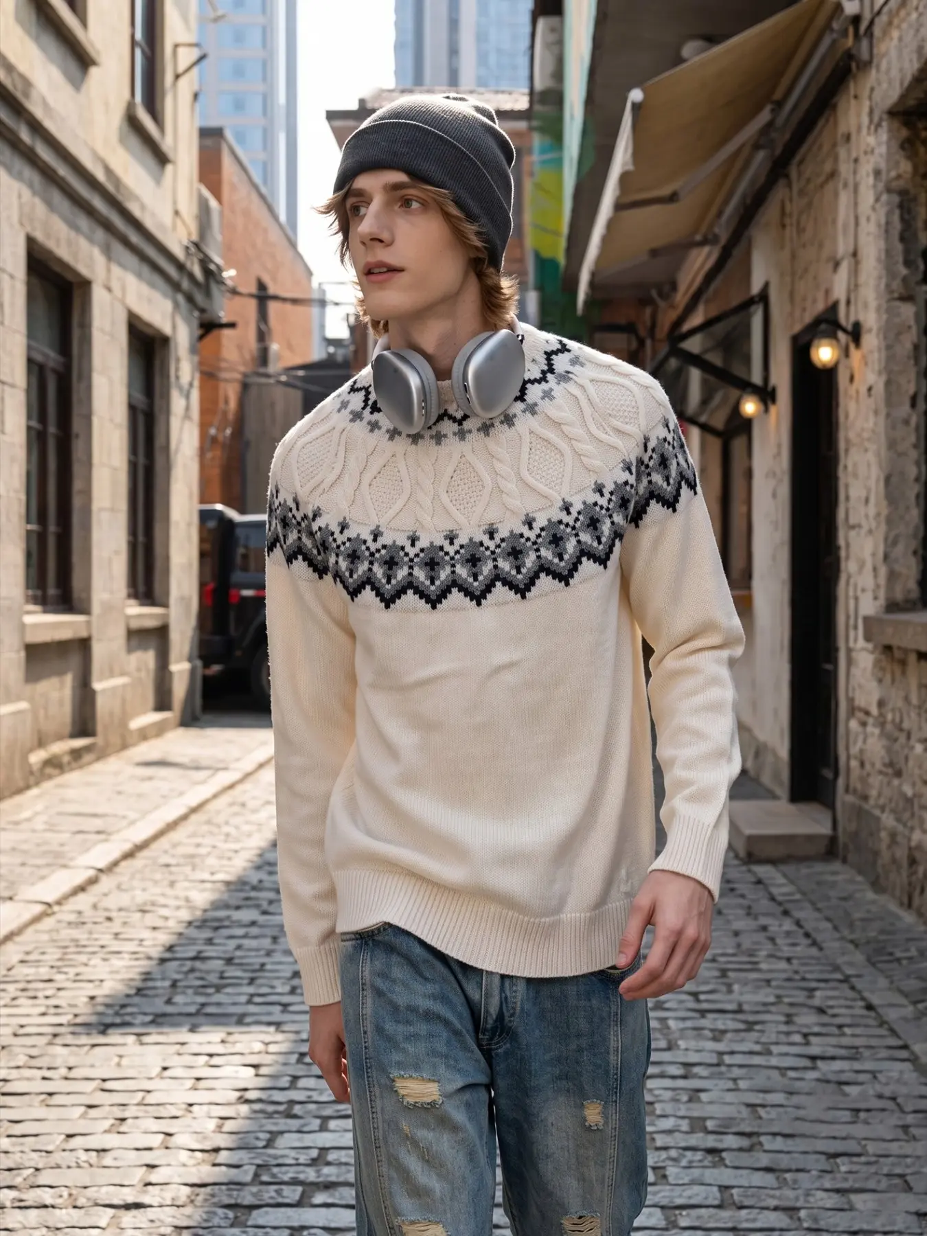 Vintage Knit Sweater Men Mens Fair Isle Sweater Cozy Crewneck Cable Knitwear Heavyweight Premium Fabric Warm Pullover Retro Geometric Print Relaxed Fit Streetwear Casual Winter Autumn Top Clothes Gifts For Boyfriend Teens Off-White Cream Beige Color