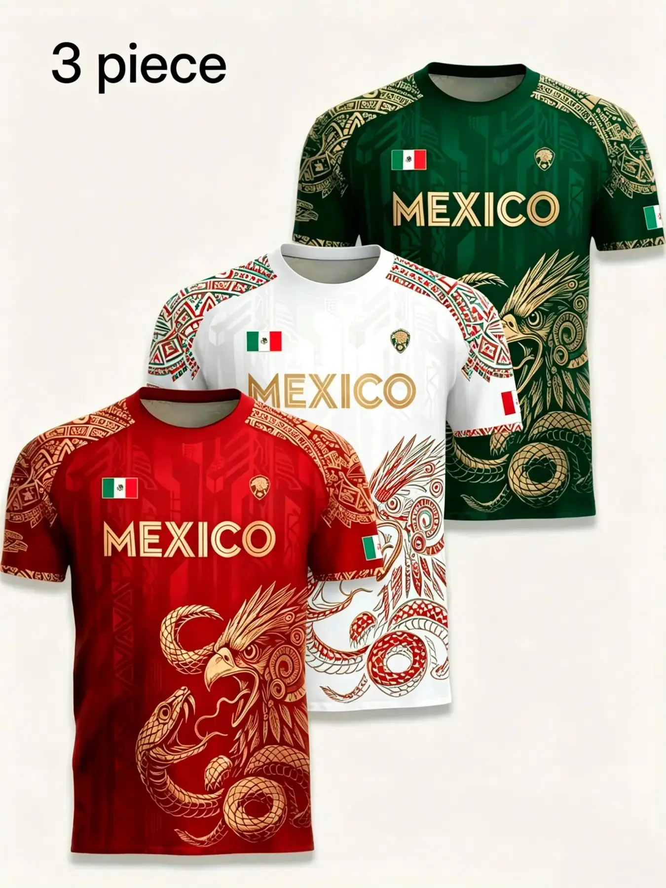 3-Pack Men's Round Neck T-Shirts, Football Training Sportswear, Casual Workout Tops, Mexican Pattern, Breathable Summer Tees, Perfect Gift