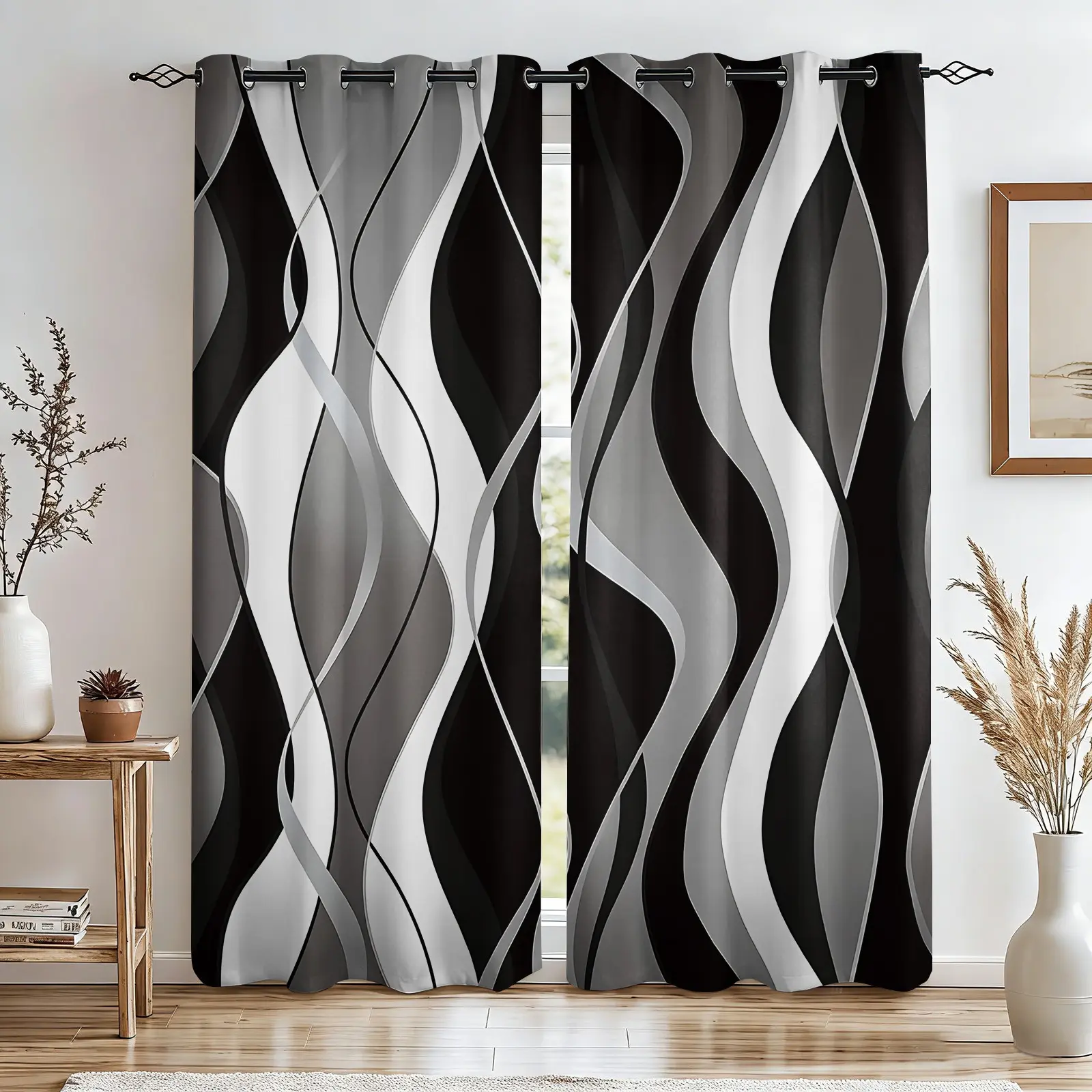 2-Piece Black White Gray Abstract Wave Blackout Curtains Window Drapes. Sleep-Friendly & Energy-Saving With Minimalist Geometric Prints. Fits Teen & Adult Bedrooms, Dorms. Modern Light Luxury Decor, Multiple Colors Available