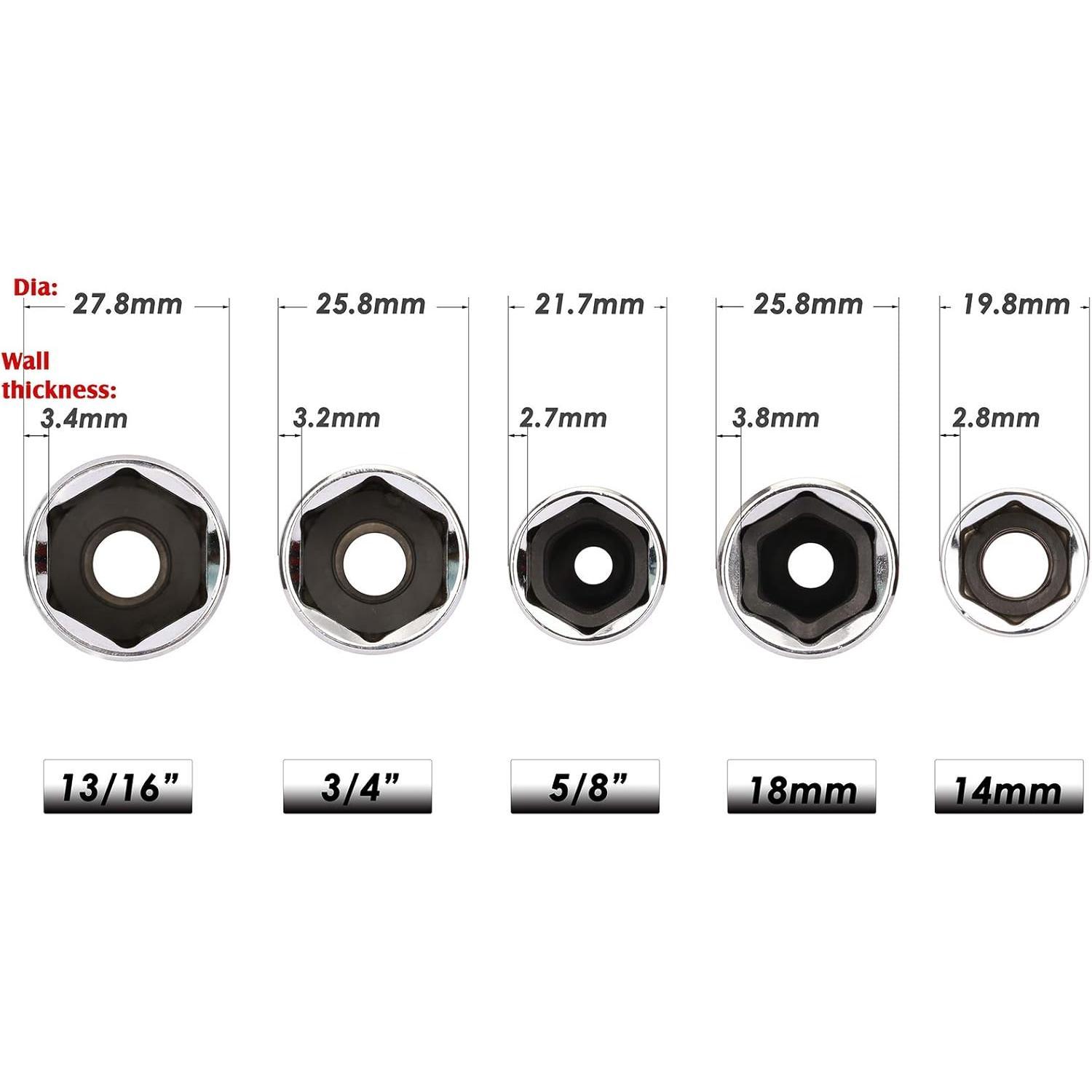 3/8-Inch Drive Spark Plug Socket Set, SAE & Metric, CR-V Steel Mirror finish, 6-Point, 5/8-Inch, 3/4-Inch, 13/16-Inch, 14mm, 18mm, 5-Set