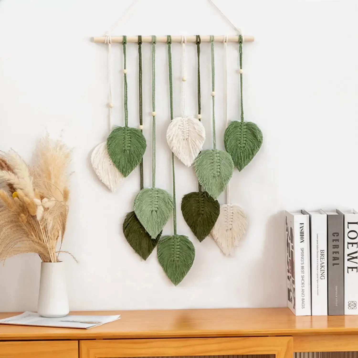 Bohemian Macrame Wall Hanging, Hand-Woven Leaf Pattern Dreamcatcher with Tassels, Macramé Fiber Indoor Outdoor Decor that Fits Walls