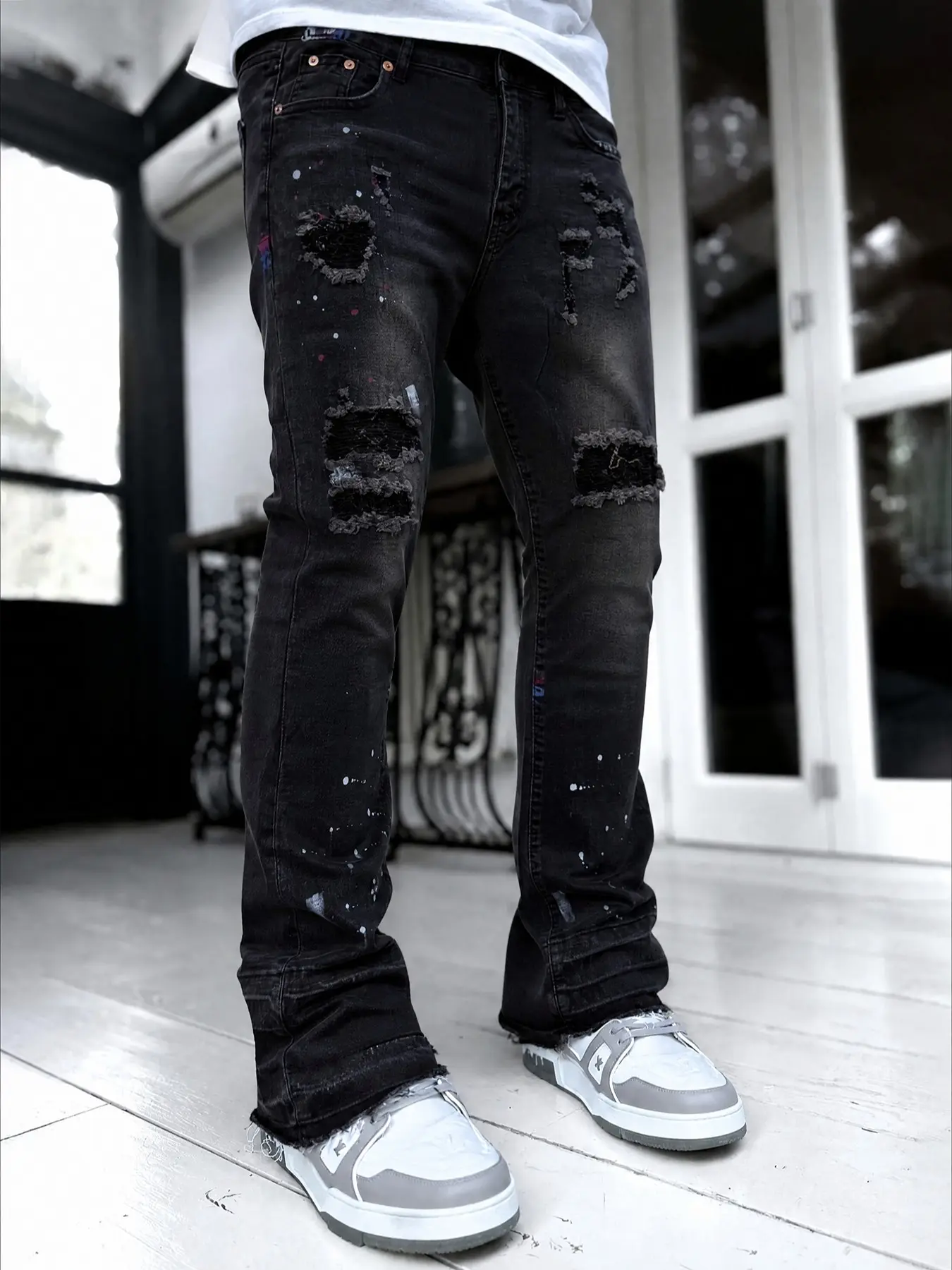 Men's American High Street Ripped Micro Flare Jeans, Distressed Ink Patch Elastic Slim Fit Bell Bottom Pants
