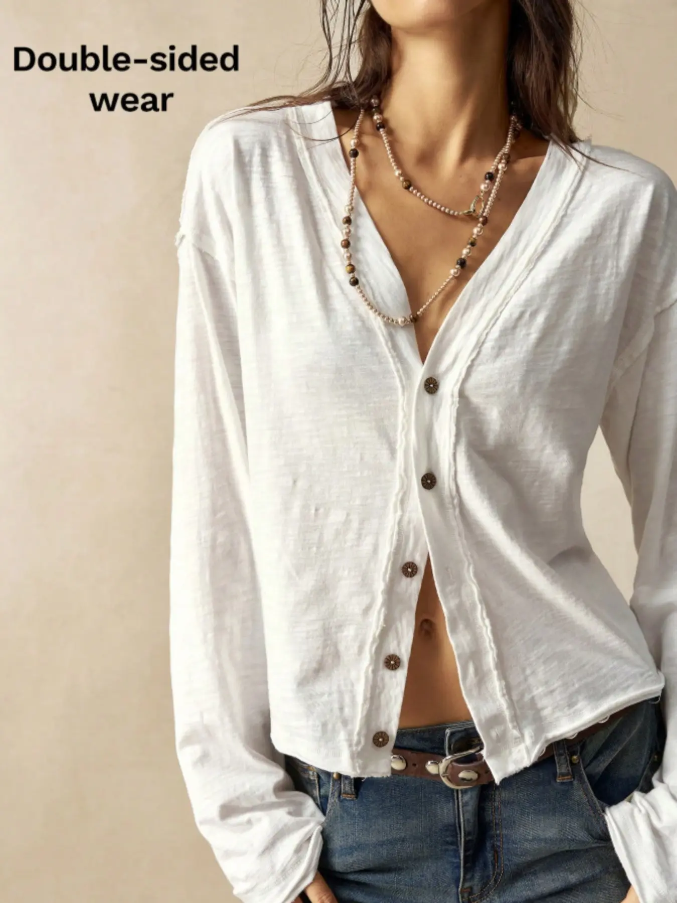 Women's Plain Loose Fitting Oversized Casual Top, Button Front Design Long Sleeve Tee, Two-Way Wear T Shirt ,Spring & Fall Y2K Fashion Tops
