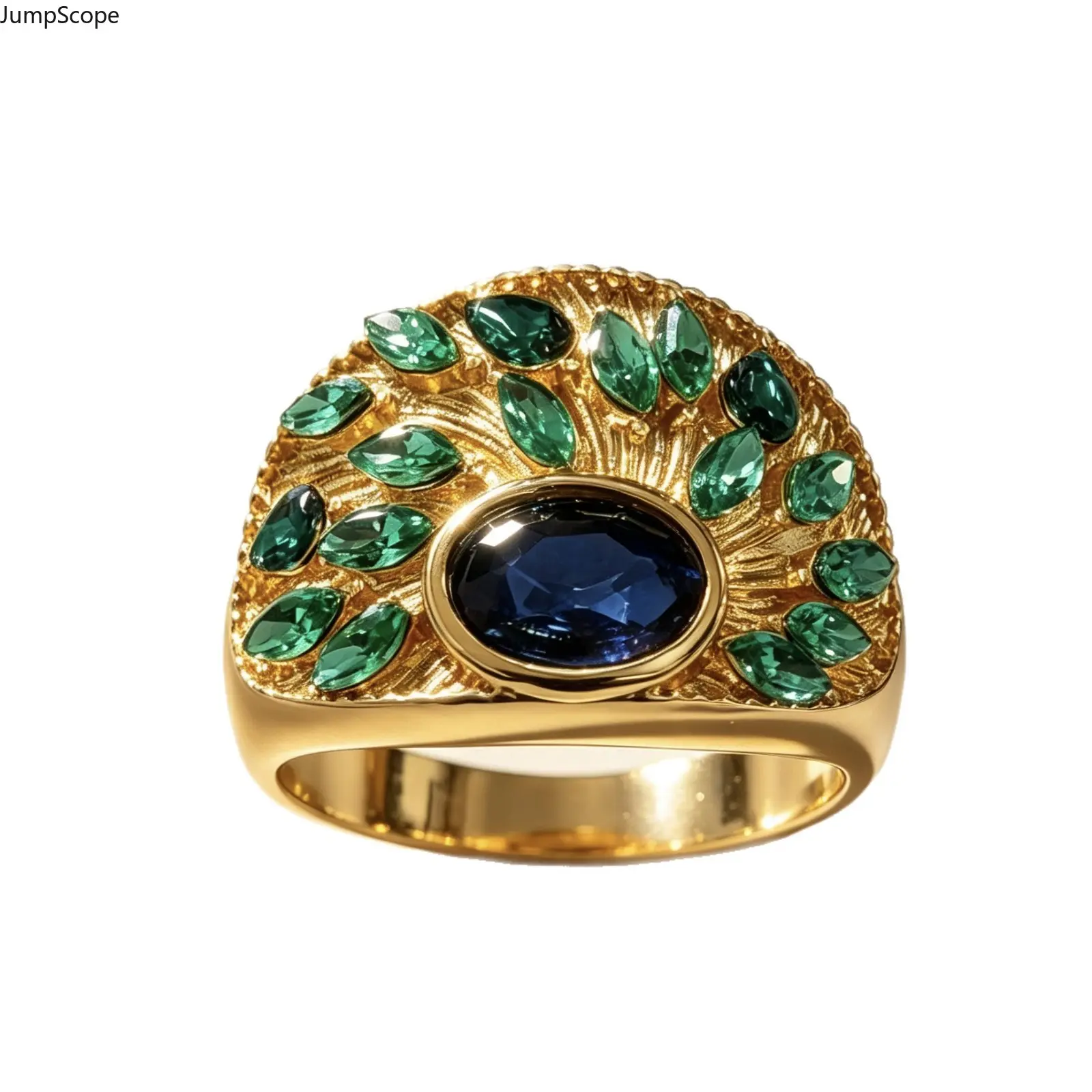2026 New Gold Peacock Feather Statement Ring For Women, Oval Blue CZ Marquise Emerald Green Crystal Wide Dome Band Cocktail Party Birthday Gift For Her