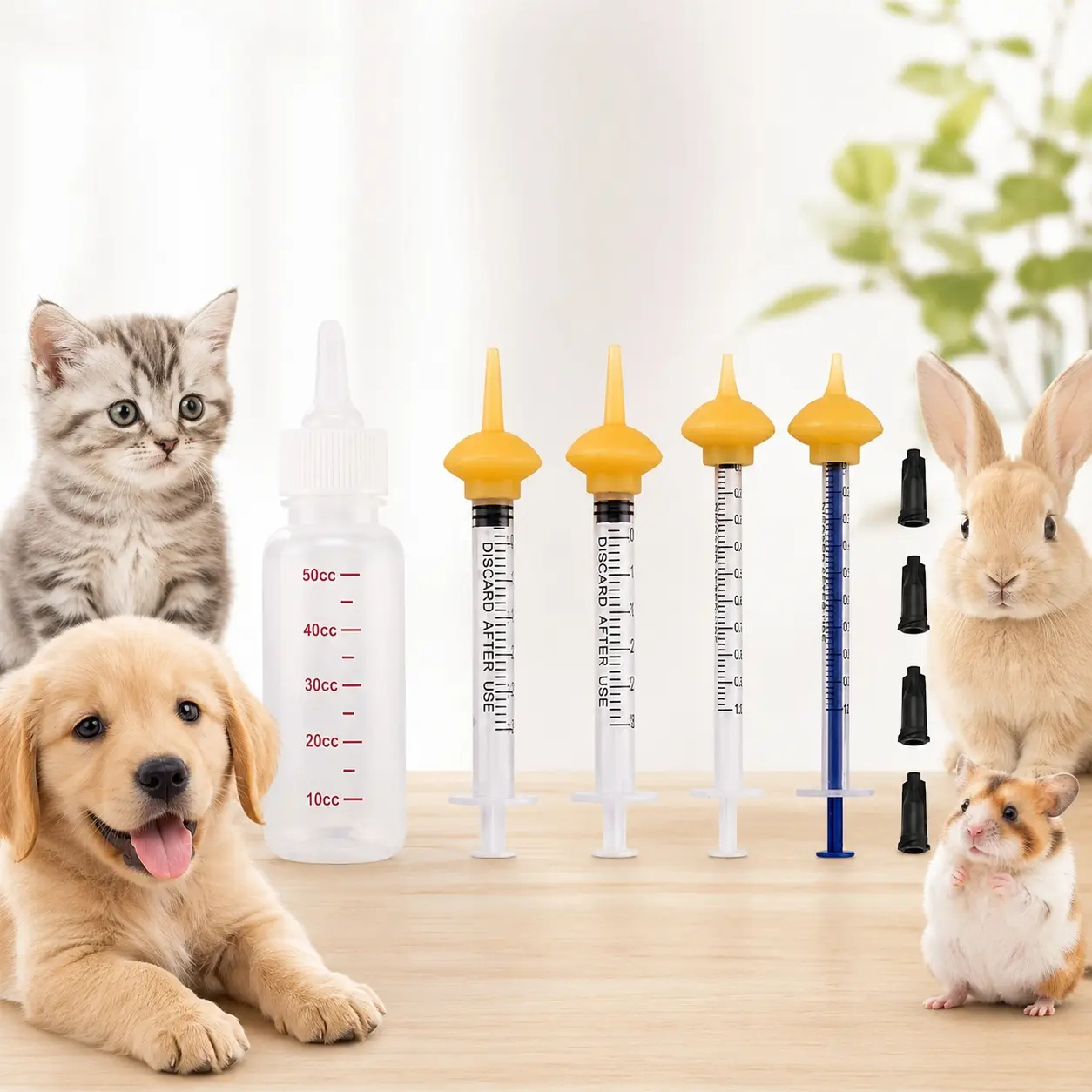 Pet feeding bottles and syringes, pet feeding syringes with nipples, pet bottle set, pet feeding tools, comes with replacement nipples, suitable for newborn puppies, kittens, rabbits, and more.