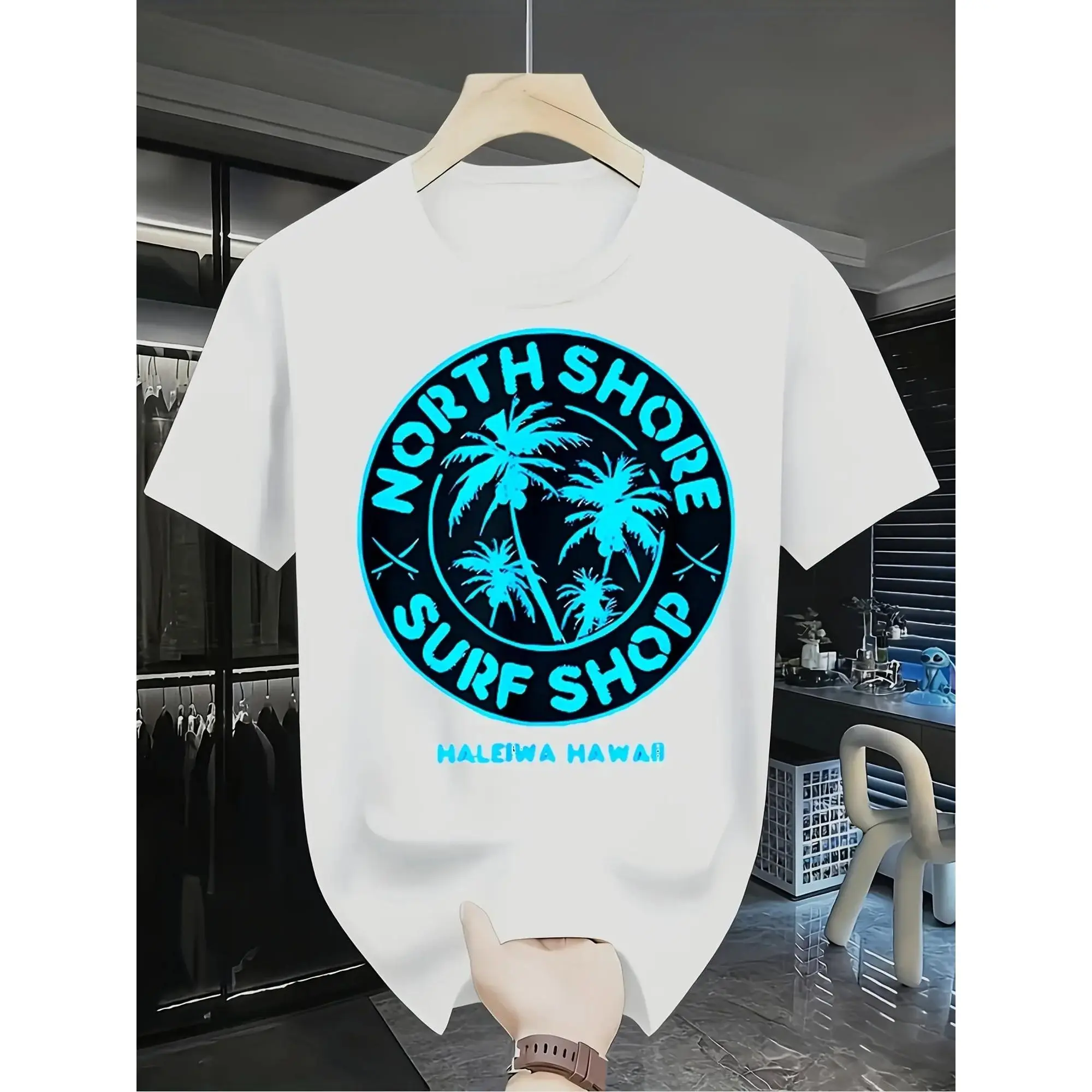 North Shore Surf Shop Hawaii Short Sleeve Round Neck T-Shirt - Coconut Palm Tree & Surf Graphic, Relaxed Fit, Breathable Fabric, All Seasons Casual Beachwear, Wash Safe, Ideal for Birthday Gifts, Hawaiian Apparel, Menswear, Shortsleeve