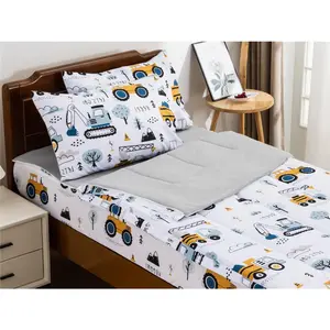 Construction Truck Printed Zipper Bedding Sets Twin Lightweight Microfiber Forest Car Comforter Sets with Fitted Sheet Pillow Covers,White Grey