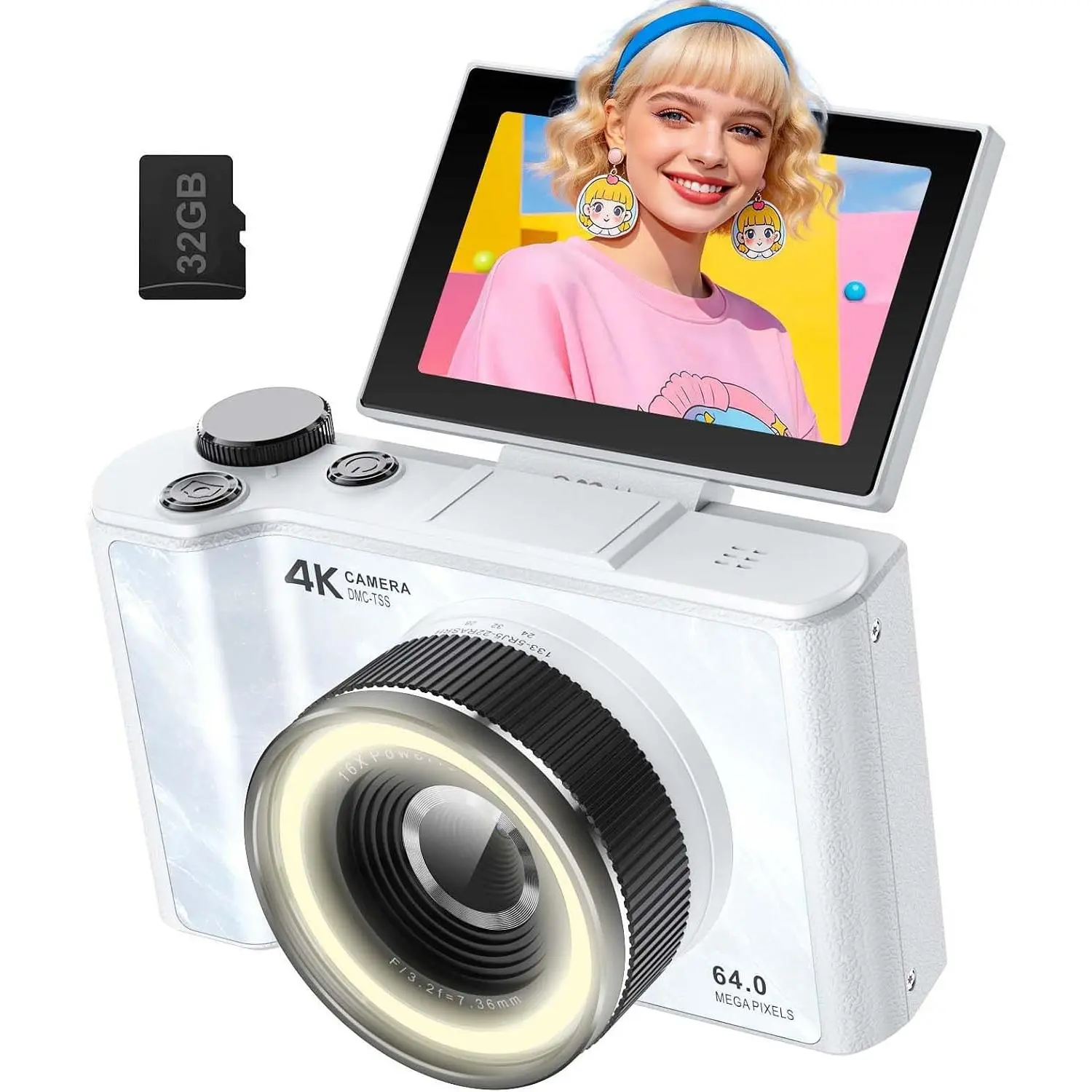4K Digital Camera  Phtgraphy,Flip Screen Digital Camera   | 64MP Vlgging Camera  YuTube ith SD Card,16X Zm Autfcus,Pint and Sht digital cameras  Teens Beginner,hite