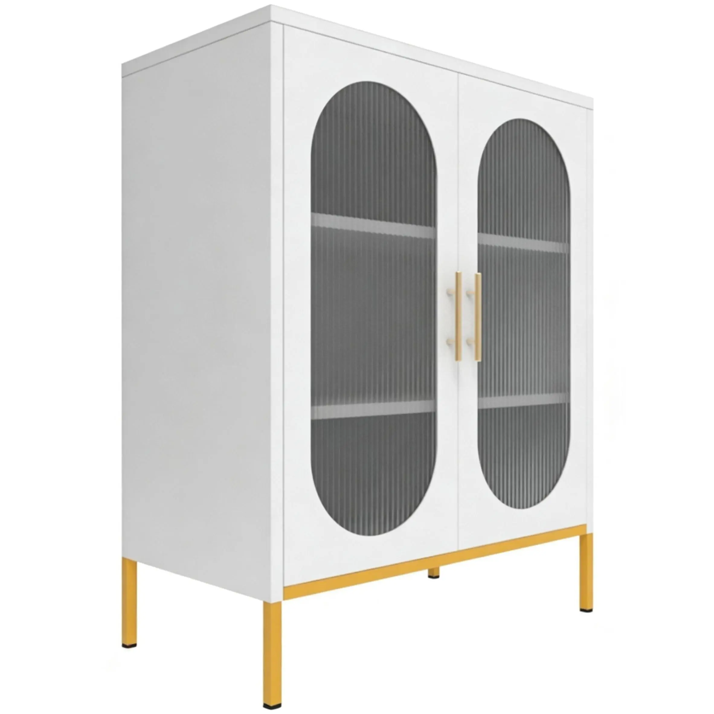 Steel Glass Fluted Storage Cabinet Pantry - 2-Door Metal Accent Display Cupboard with Adjustable Shelf, 2-Tier, Sturdy Base, Two Doors