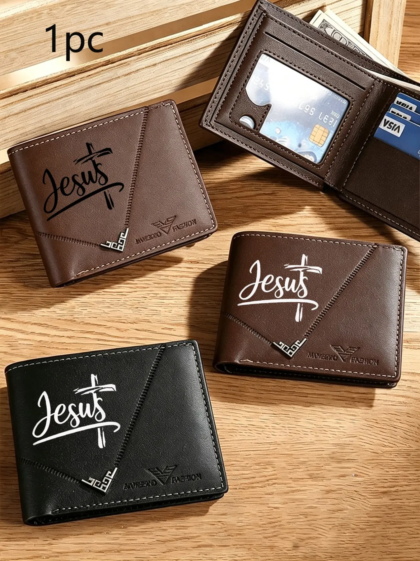 Jesus Cross Print Men Bifold Wallet, Casual Fold Wallet, PU Leather Multi Card Slots Purse, Portable Cash Card Holder, Fashion Short Wallet for Men