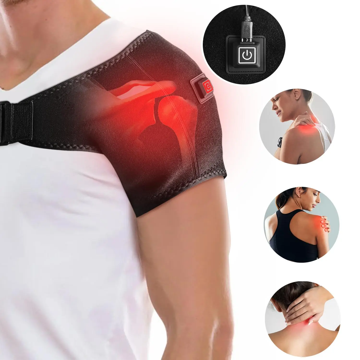 Heated Shoulder Brace Support Wrap, USB Portable Shoulder Heating Pad, 3 Heat Settings, Unisex, Relieves Shoulder Pain and Upper Arm Muscle Soreness, Ideal for Home and Office Use