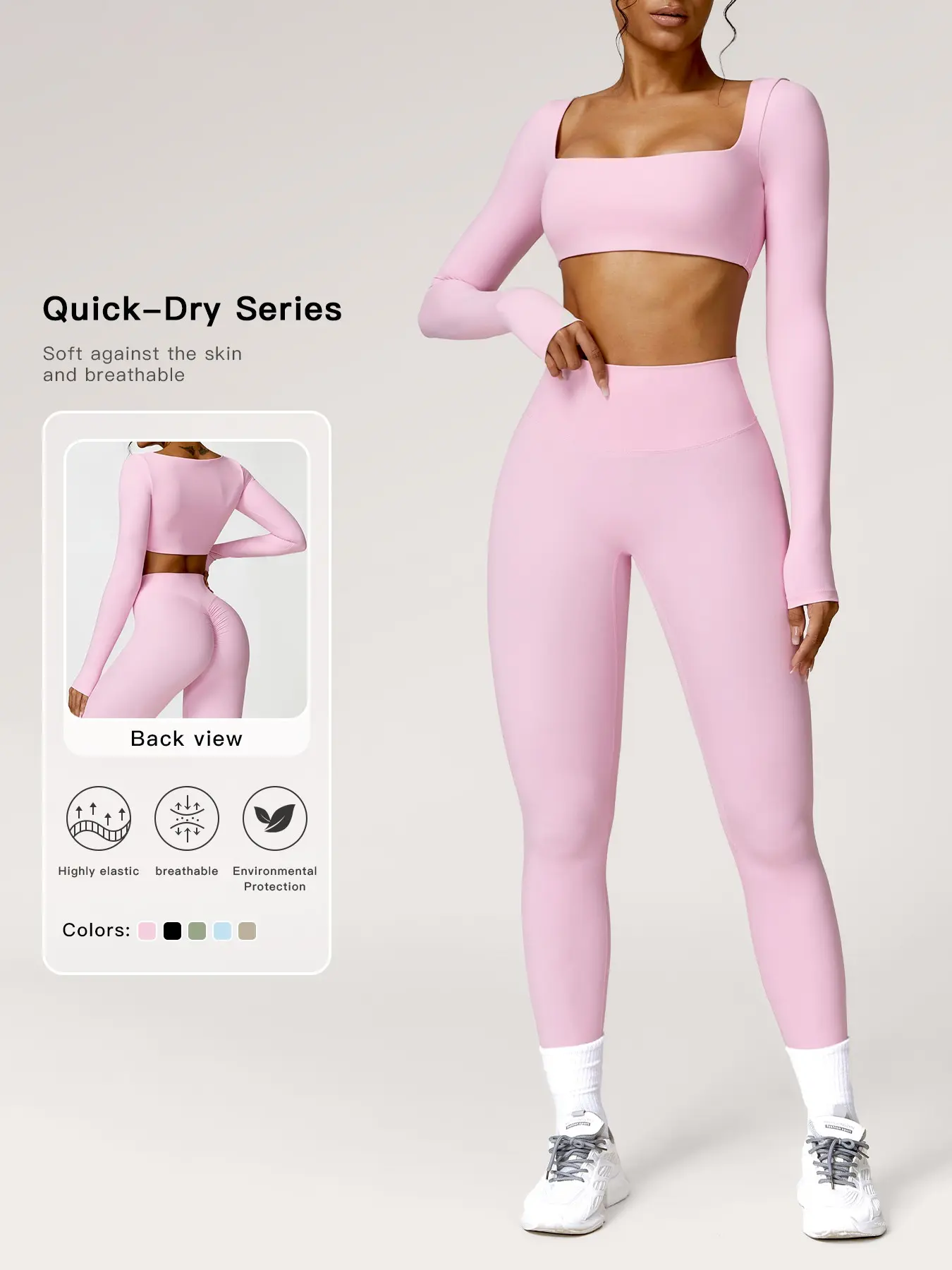 Two-piece Set, Activewear Workout Set, Women's Solid Long Sleeve Crop Top & High Waist Leggings Tracksuit Set, Sporty Breathable Comfy Quick-dry Outfits for Yoga Gym Workout Running, Ladies Sportswear for All Seasons