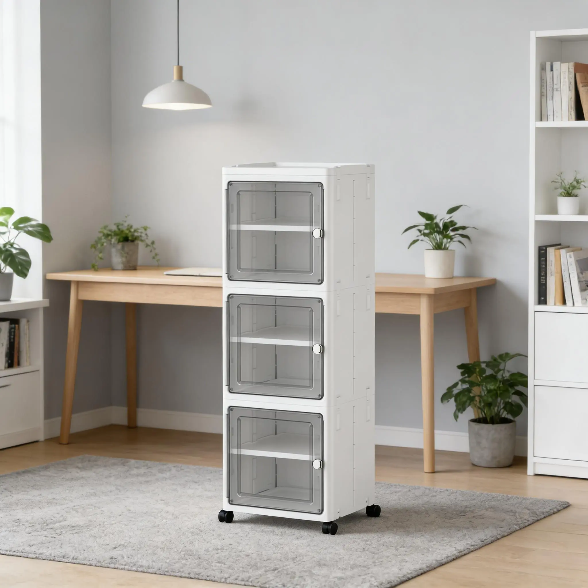 3-Tier Slim Plastic Storage Cabinet with Clear Doors & Adjustable Shelves, Foldable Narrow Organizer for Bathroom, Kitchen & Small Spaces