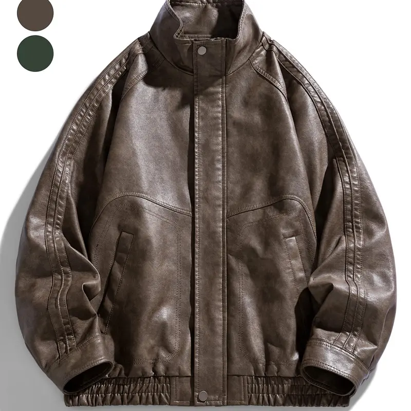 Men's Loose Fit Leather Jacket with Stand Collar, Collared Jacket, Motorcycle Style, Casual Outerwears, Street Fashion Outerwear, Streetwear Essential Outerwear Coats for Spring & Fall Seasons