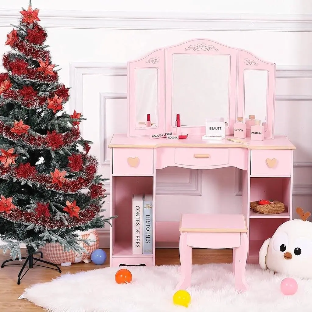 GARVEE Children's Pink Dressing Table Set with Stool, Kids Vanity Desk with Tri-Folding Mirror, 3 Drawers & 4 Open Shelves 3 Drawers+Shelves, Multi-Use for Kids Bedroom, Set Includes Stool