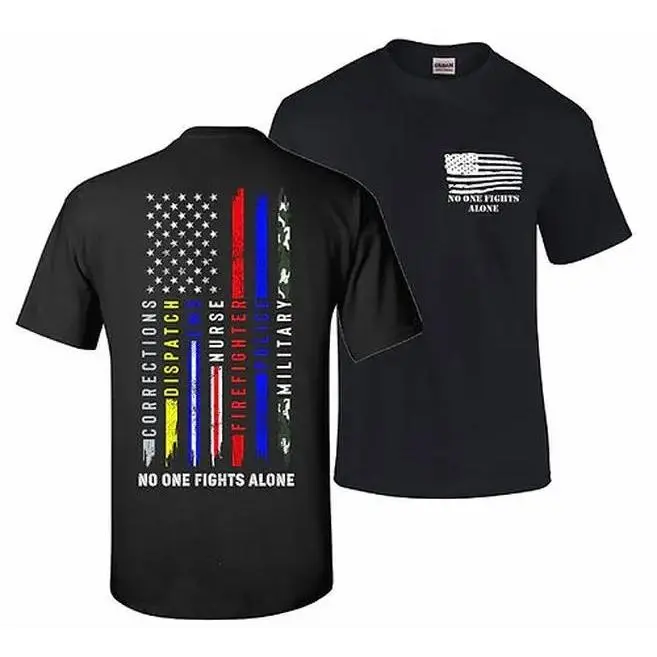No One Fights Alone T-Shirt – Patriotic Support Tee, Soft Cotton Blend Shirt, Honor First Responders Military Nurse Police Gift for Men & Women, American Flag Graphic