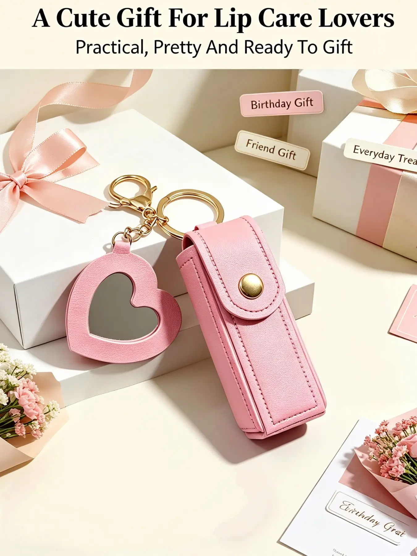 Cute PU Leather Lip Balm Holder Keychain with Heart Mirror, Portable Lipstick Case Bag Charm, Preppy Aesthetic Small Lip Gloss Pouch Key Ring Gift for Teen Girls Women