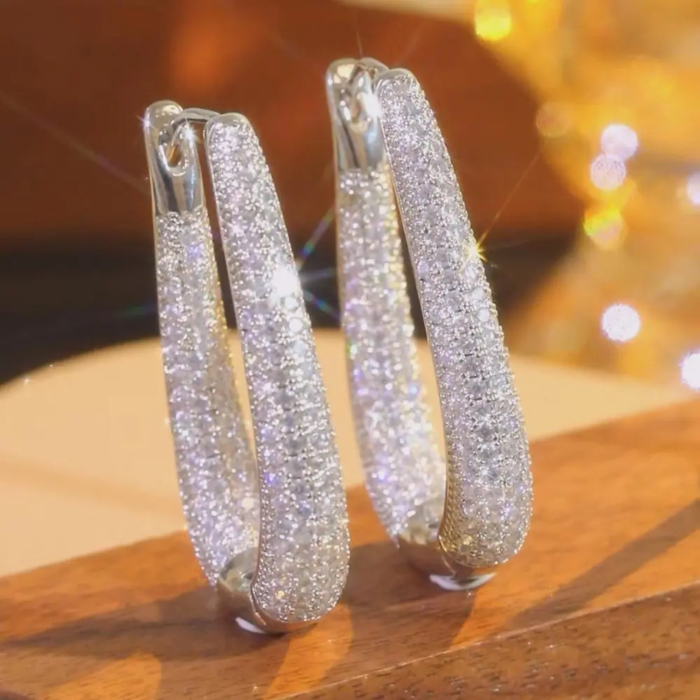 Large Statement Hoop Earrings for Women, Silver Plated with Full Pave Cubic Zirconia, Hypoallergenic for Bridal & Party Wear