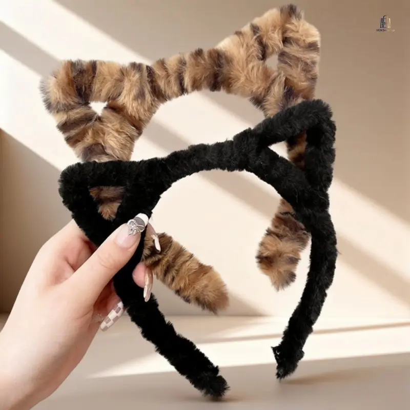 Women's 2Pcs Polyester Leopard Print Plush Cat Ear Headbands - Fluffy Texture Fashion Hair Hoops, Soft Elastic Hair Accessories, Ideal for Daily Wear, Skincare Makeup