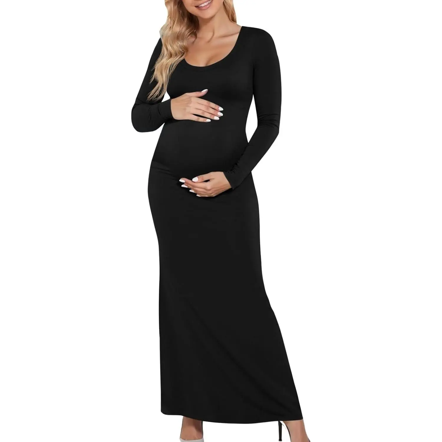 Womens Maternity Maxi Dress Long Sleeve Slim Fit Pregnancy Clothes Scoop Neck Split Baby Shower Photoshoot Fall Winter