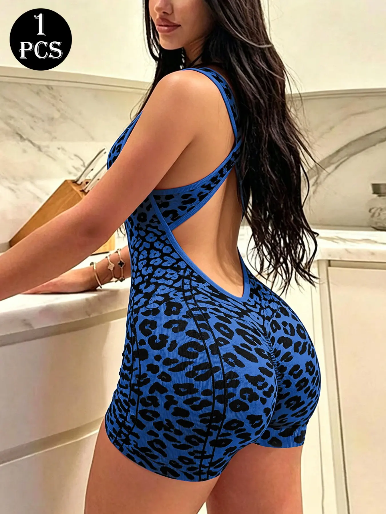 Women's Sporty Jumpsuit, Deep U-Neck Leopard Print, High Waist Fitted, Breathable Yoga Wear, Gym Outdoor Running Training, Athletic Jumpsuit, Activewear Jumpsuit