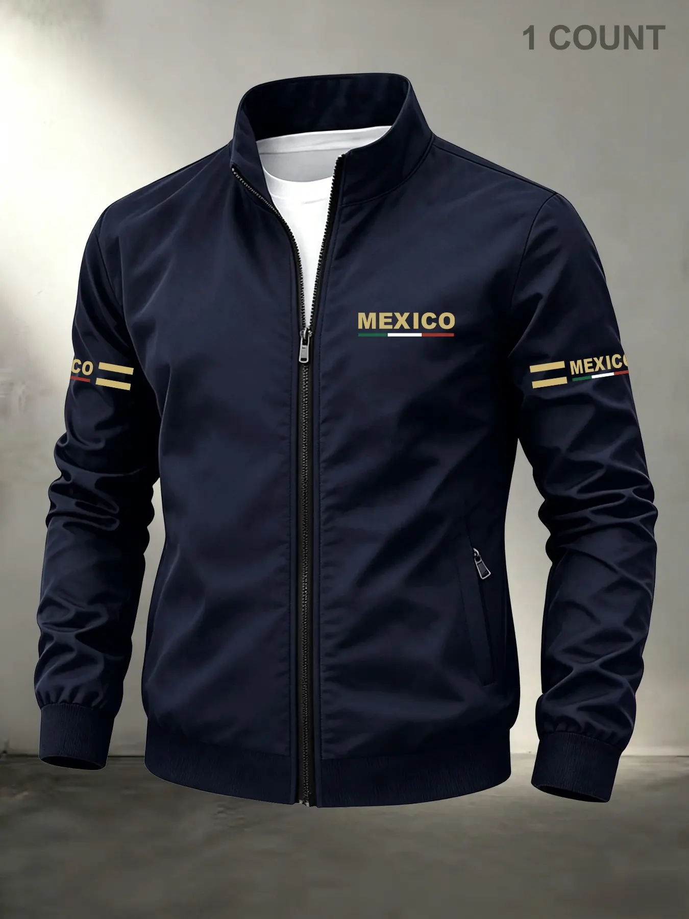 Men's Mexico Pattern Print Stand Collar Long Sleeve Sport Jacket, Durable Casual Zipper Outerwear, Business Style Outdoor Coat, Perfect Gift