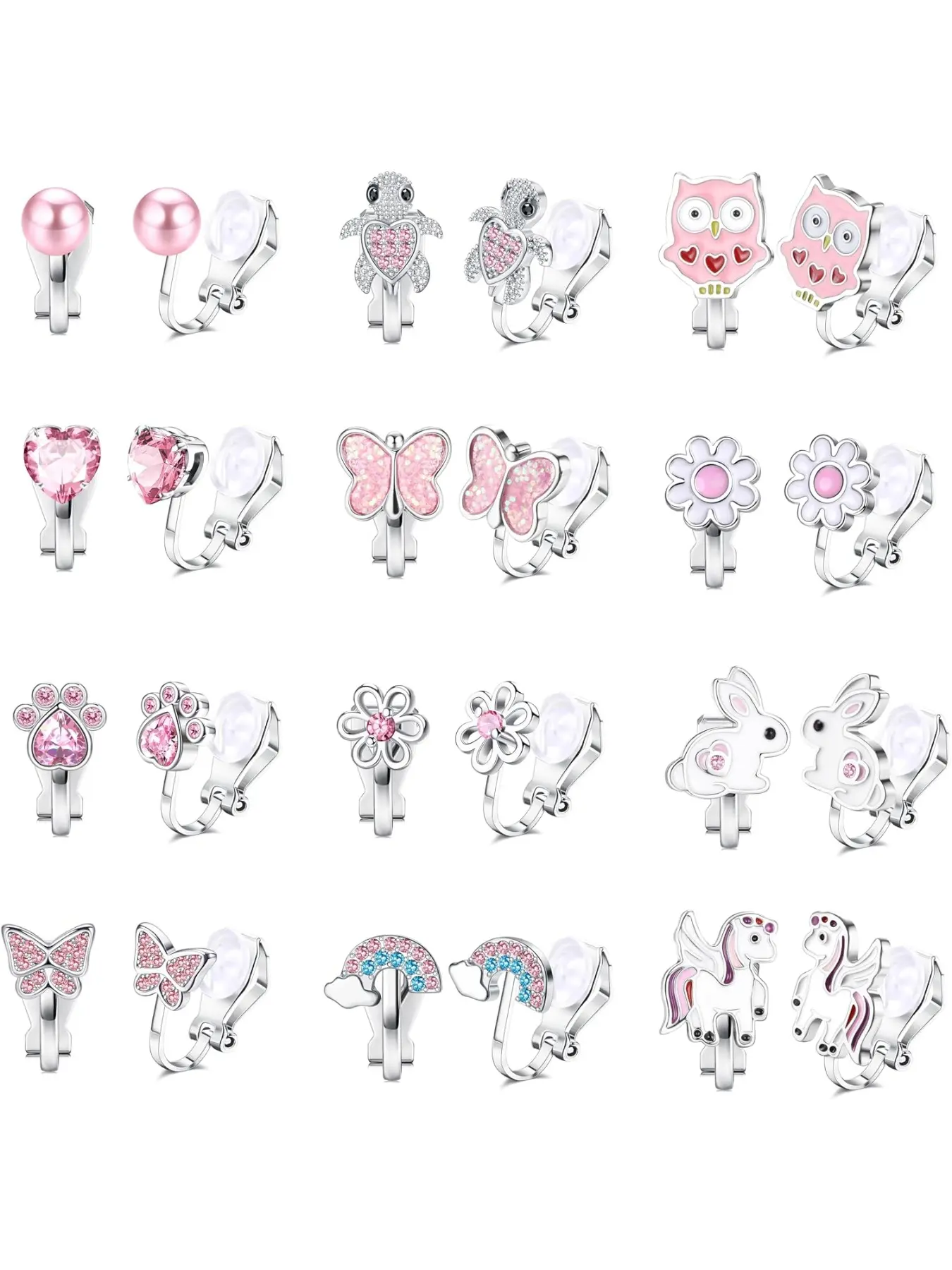 12 Pairs Kids Clip On Earrings for Girls Hypoallergenic Cute Jewelry Butterfly Rainbow Flower Pearl Star Non Pierced Clip on Earring Girls Earrings Dress Up Birthday Christmas Gifts