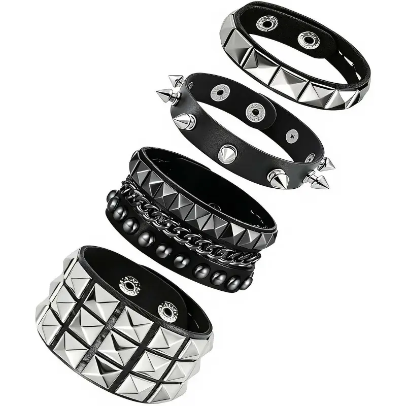 Unisex Handmade Black PU Leather Wrap Stud-Decor Bracelets - 4Pcs Vintage Punk Wrist Cuffs, Dark Aesthetic Beach Wear Jewelry, Year-Round Unisex Fit Emo Gifts for Women