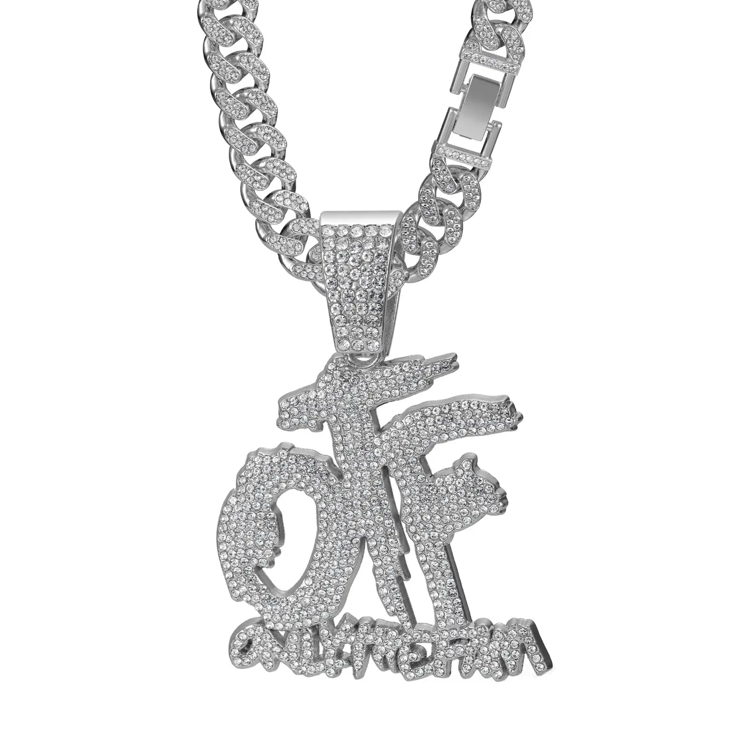 Unisex OTF Letters Iced Out Pendant Necklace, 13mm 20-in Long Cuban Link Chain, 18K Gold-Plated/Silver-Plated Zinc Alloy Rhinestone Hip Hop Jewelry, Party/Daily Wear Gifts