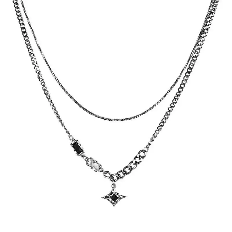 Men's Double-Layer Necklace with Geometric Stars, Grunge Style Titanium Steel Jewelry with a Waterproof Finish for Casual Daily Wear, Gemstone Accents, Men's Jewelry, Pendant, Unisex, Accessories herringbone Versatile Heart saturn opalite name bolo plate,