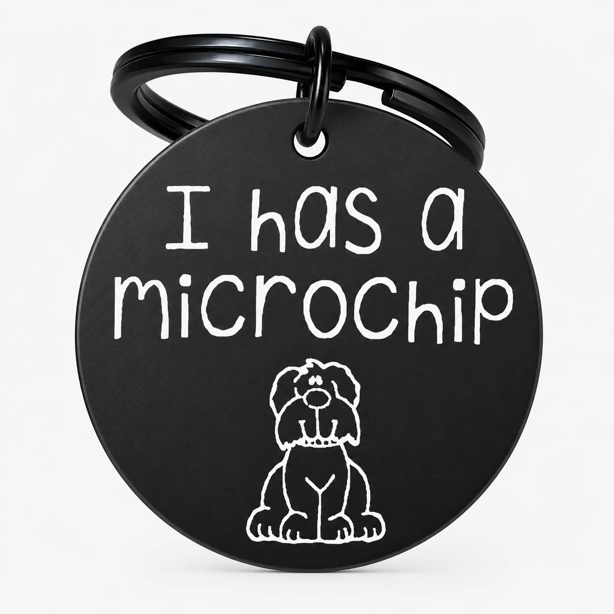 I Has A Microchip Funny Pet ID Tag Keychain, Cute Cartoon Dog Engraved Stainless Steel Round Dog Collar Tag, Humorous Pet Owner Gift Dog Name Identification Key Ring