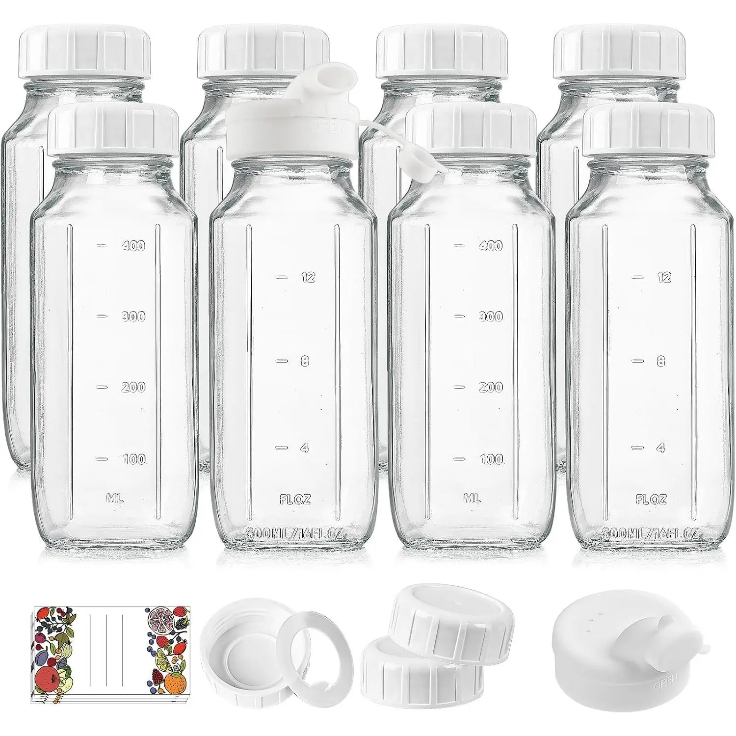 8 Pack 16 Oz Glass Milk Bottles with Lids,2 Pour Spouts & Extra Lids | Reusable Glass Bottles with Measurement Marks for Juice,Breast Milk,Beverage Storage,Refrigerator Organization & Daily Use