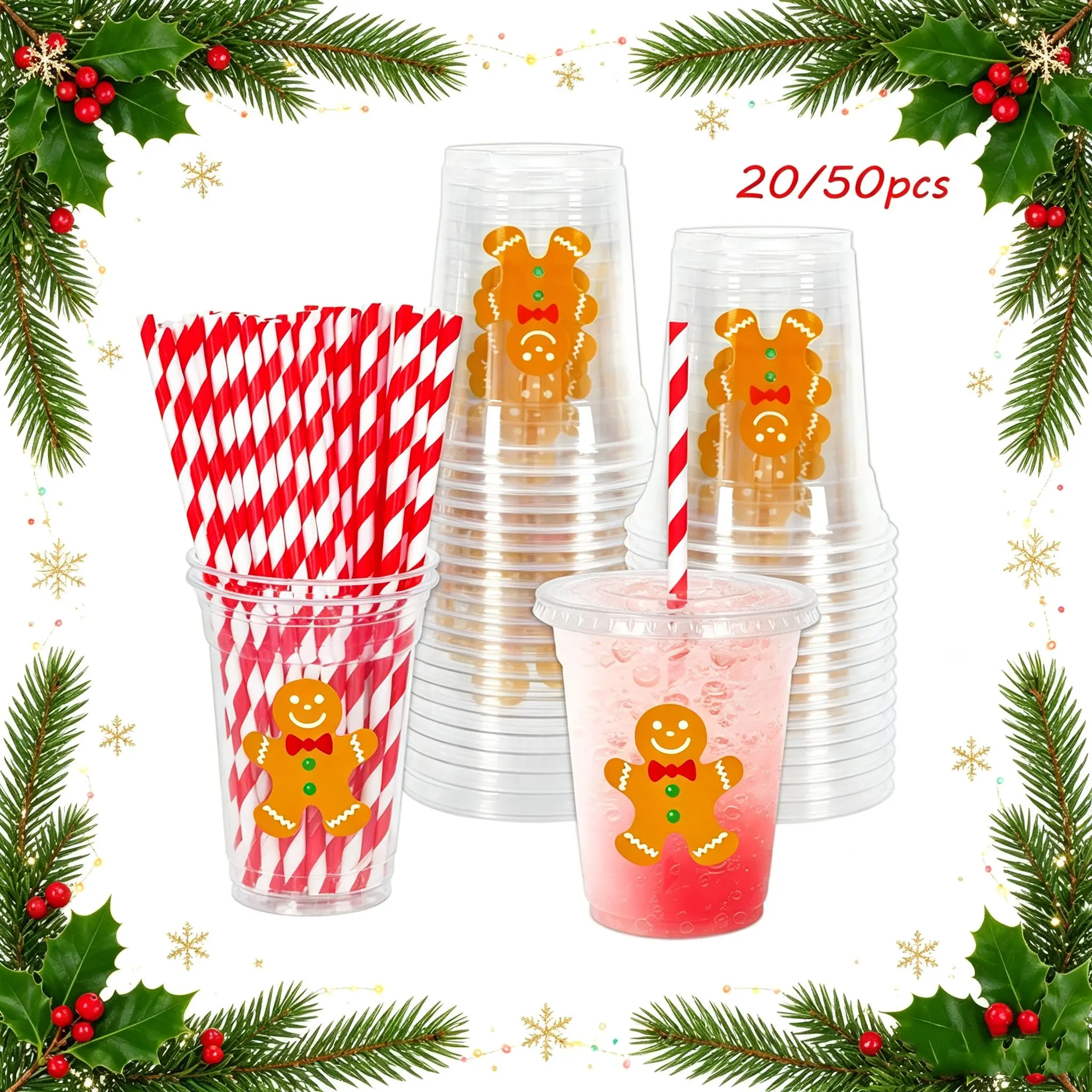 20/50pcs Christmas Gingerbread Man Disposable Plastic Cups Set, with Lids and Straws, 12oz, Party Cups, Holiday Drinkware