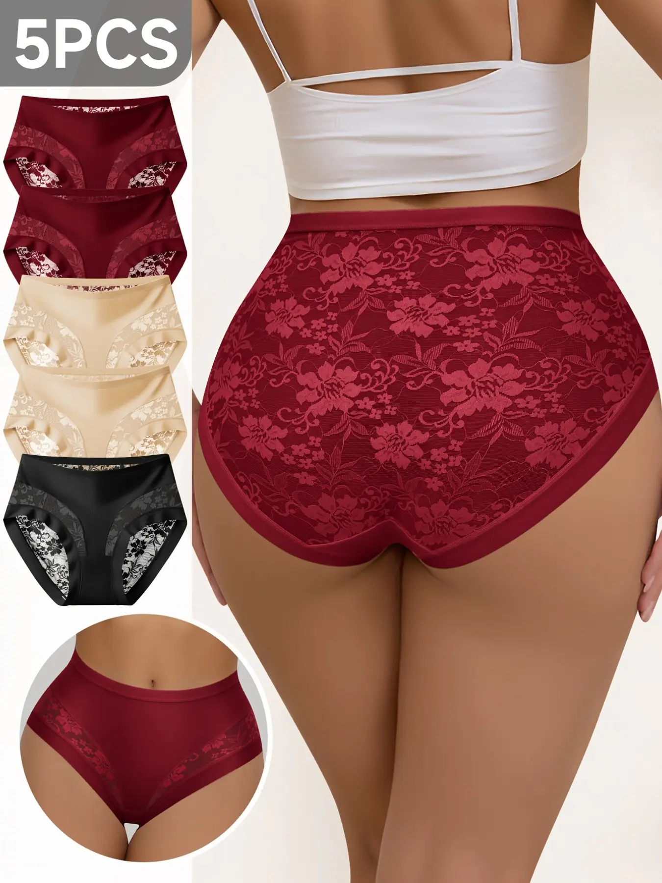 5-Pack High Waist Panties, Elegant Full Lace Back, Breathable Soft Fabric, Loose-Fitting, Casual Style, All Seasons, Women's Everyday Wear