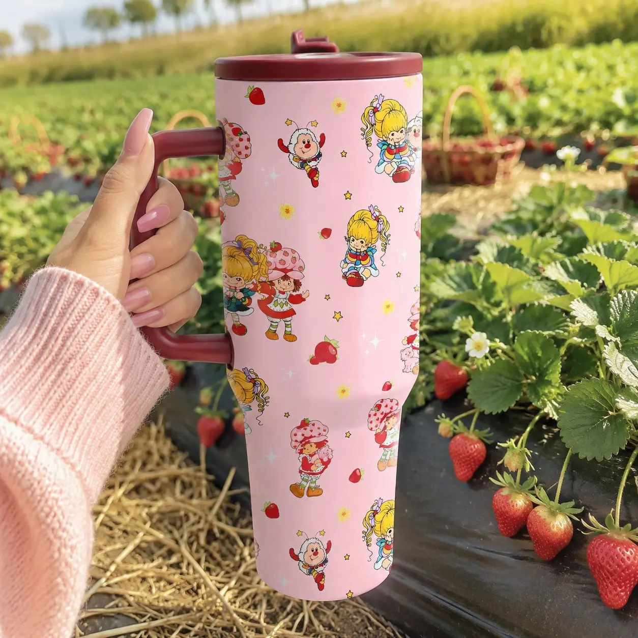 1 Pc 40oz Strawberry Shortcake Insulated Tumbler with Handle, Travel Coffee Cup, Double Wall Vacuum Stainless Steel Water Bottle, Keeps Drinks Cold & Hot, Cup Holder Friendly, Reusable Large Capacity Mug for Office, Travel, Daily Use, Drinkware