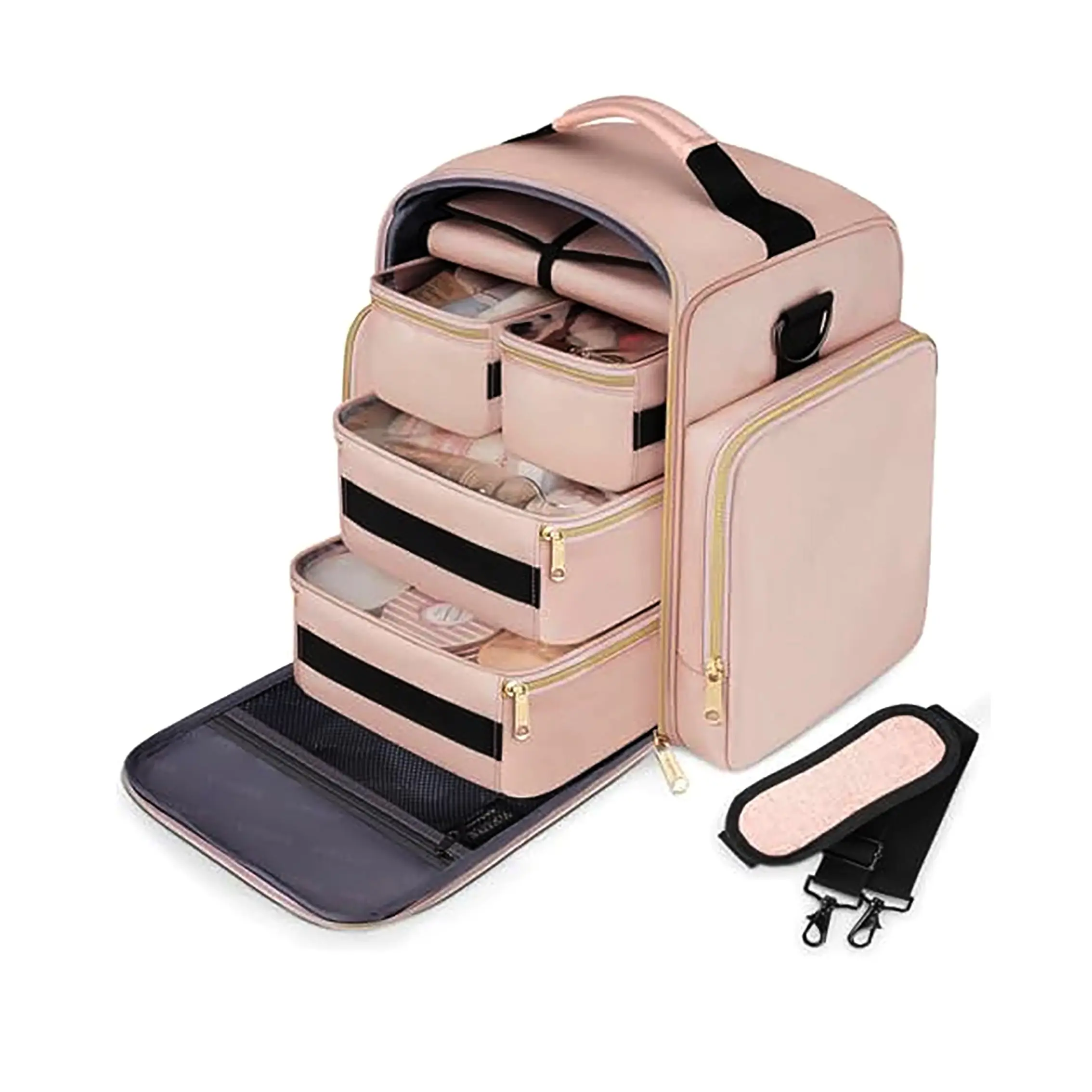 Travel Makeup Bag Organizer, 4 Detachable Boxes, 1 Jewelry Roll, Multiple Storage Pouches, Compact & Portable Design, Portable Cosmetic Organizer
