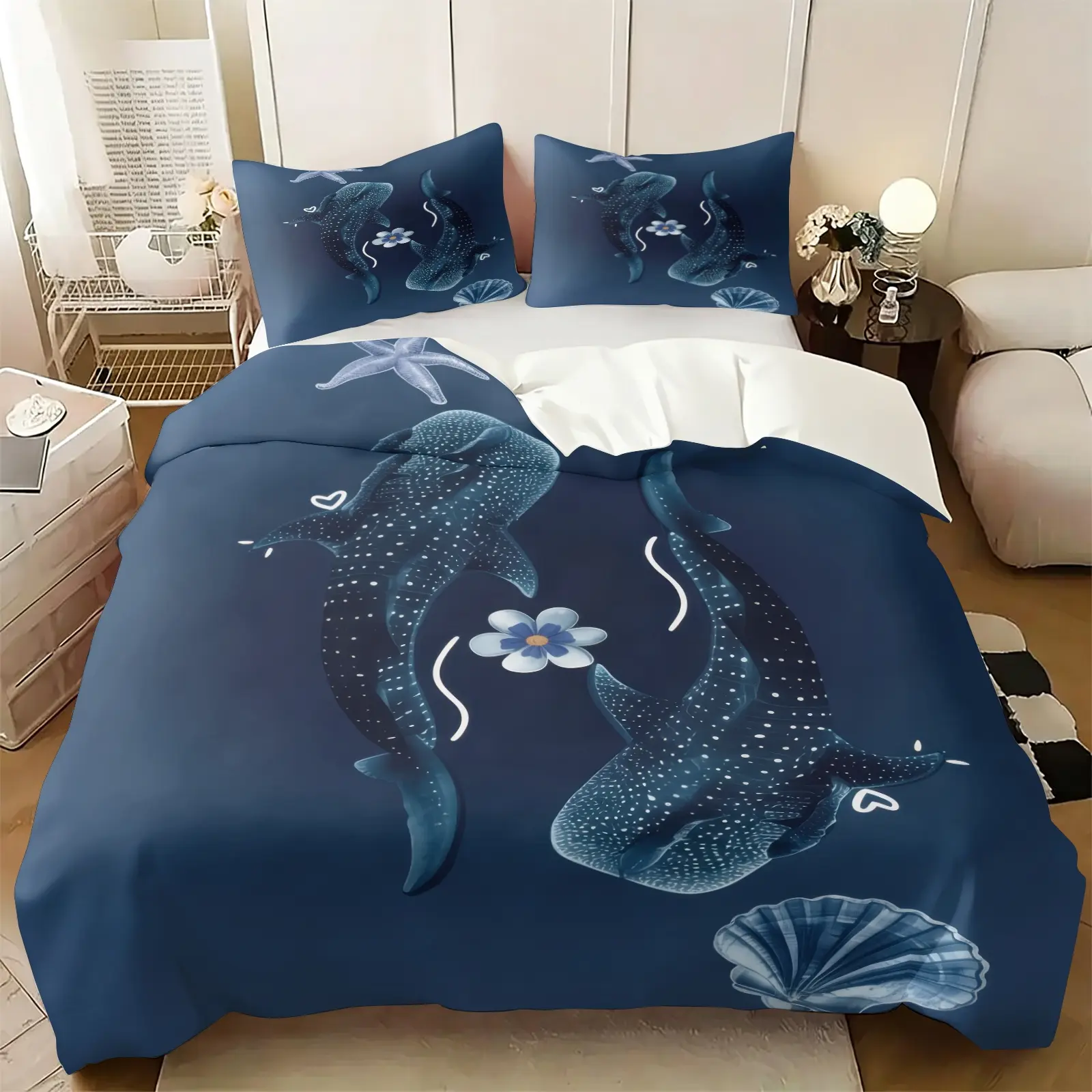 Solid Dark Blue Sea Whale Shark Print Duvet Cover Set, Includes 1 or 2 Pillowcases, Deep Blue Calm Coastal Bedding All Size, Watercolor Marine Fish Bed Set, Cozy Bedding Set, Soft Anti-Pilling Fabric, Calm Ocean Bedroom Decor, Sea Lover Gift